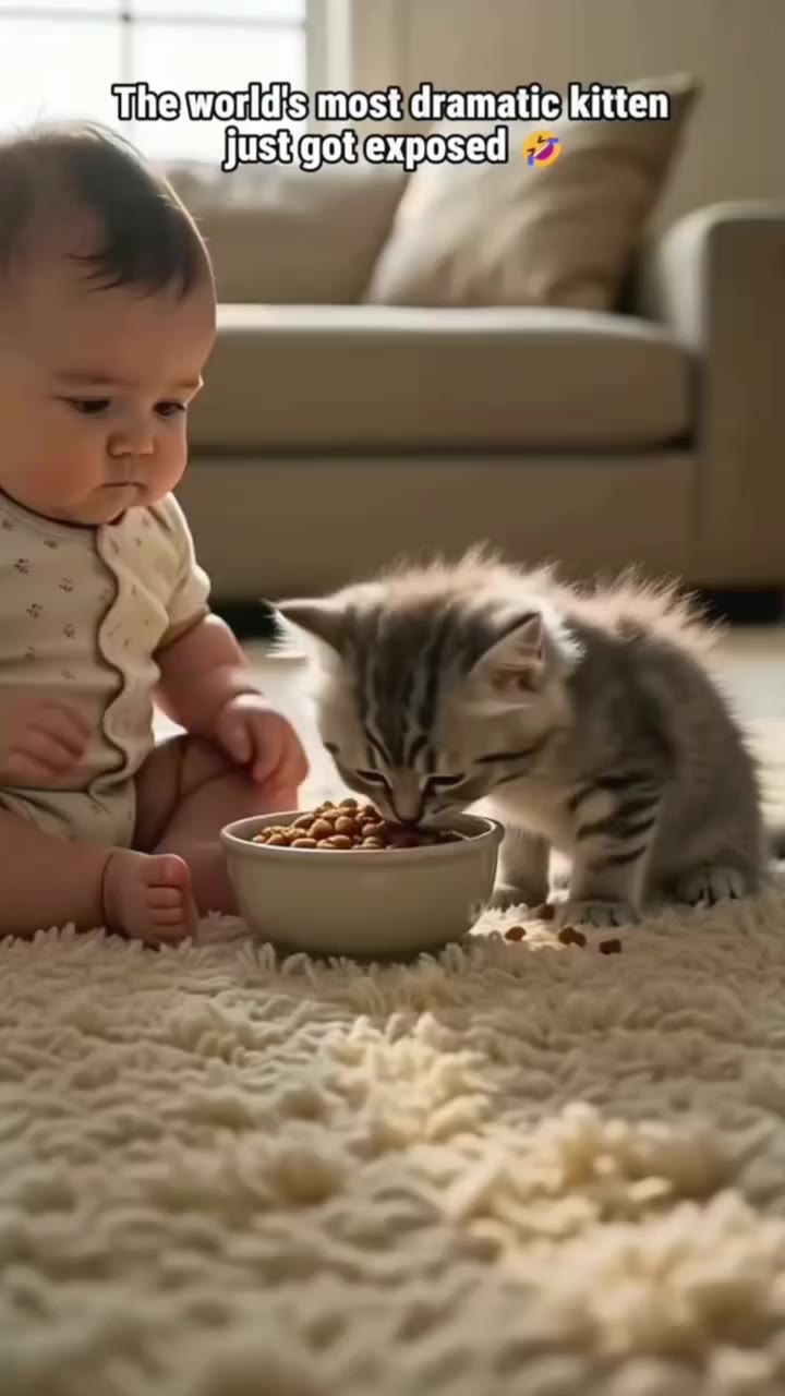 Tiny Baby vs Angry Cat Food Mission😂🔥😛😛😛😜😜😜🤣🤣🤣……..#funnycat #fyp #funnybaby #funnyvideos #animalfood