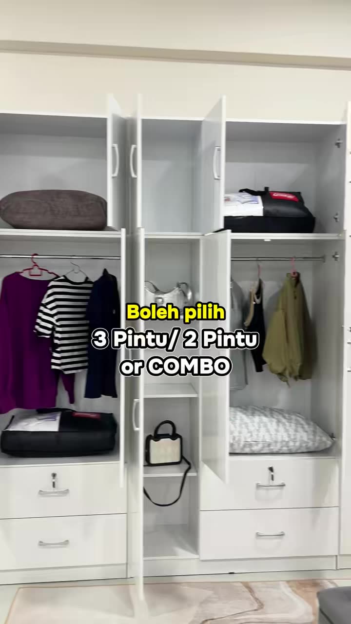 💁: Ada almari size besar, ada rak gantung dan drawer sekali? Ada‼️ ✅ Almari COMBO 2 Door+ 3 Door ✅ 15mm ketebalan papan ✅ Warna Putih ✅ Handle PVC               #racuntiktok #fyp #sklfurnituremall #fyppp #almari #almaribaju #almaribajumurah #alma...