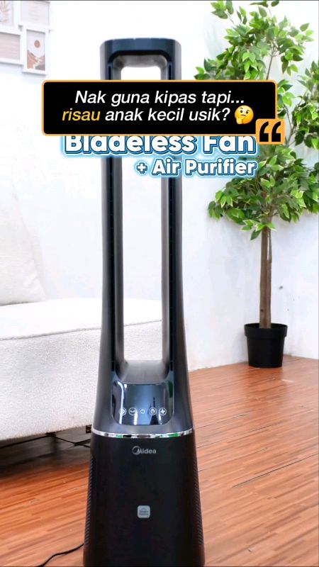 Midea MBF-150P Bladeless Fan Air Purifier sejuk tanpa bilah bahaya, tapis 99.97% habuk sistem H13 & ion anti-bakteria. #BladelessFan #AirPurifier